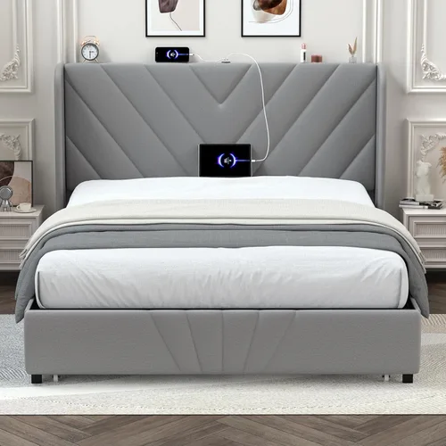 Miniatura 3 de LUCKLIFE Base de cama tapizada con puertos USB y tipo C, cabecera en forma de V, cajones laterales y almacenamiento de estribo de gran tamaño,