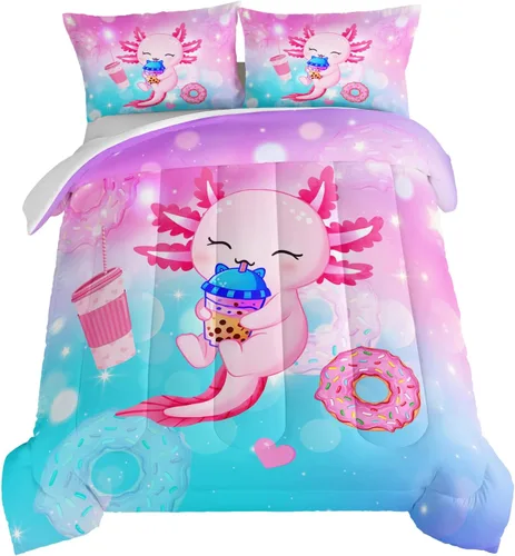 HOSIMA Juego de edredón individual de Axolotl, ropa de cama linda con animales, decoración de habitación para niñas adolescentes, té de leche con