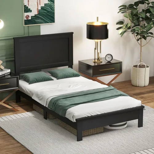 Miniatura 3 de Giantex Base de cama de plataforma de madera individual con cabecero, marco de cama de mediados de siglo con patas de madera maciza y soporte