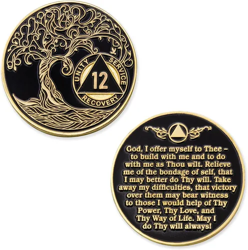 Miniatura 3 de Medallón/Ficha/Token de Recuperación AA de 12 Años Sobriety Mint, Árbol de la Vida Retorcido, Dorado Chapado - Negro