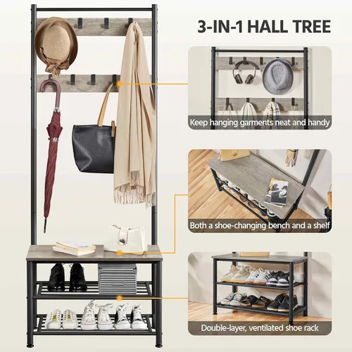 Miniatura 5 de Yaheetech Perchero, árbol de pasillo con banco de zapatos, almacenamiento de zapatos de entrada con perchero, 9 ganchos móviles, muebles de entrada