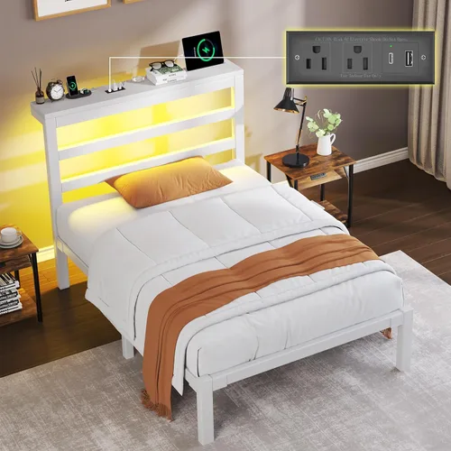 Miniatura 11 de E-Motie Marco de cama tamaño doble con cabecera de almacenamiento, plataforma industrial con estación de carga y luces LED, espacio