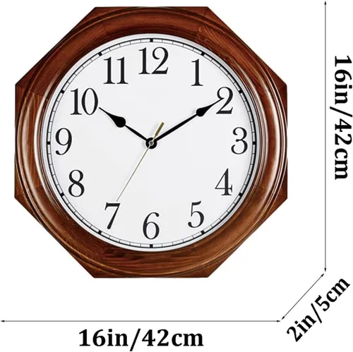 Miniatura 2 de Reloj de pared octágono retro de 16 pulgadas/16.5 in, reloj colgante de cuarzo silencioso con marco de madera maciza y funciona