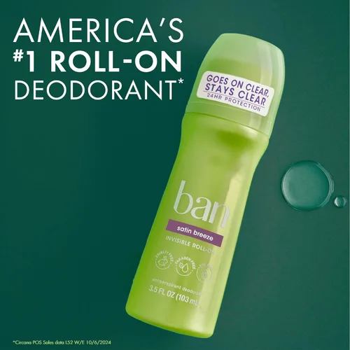 Miniatura 5 de Ban Desodorante Antitranspirante Roll-on Invisible para Mujeres y Hombres, Protección contra Olor y Sudor de Axilas de 24 Horas, Satin Breeze, 3.5