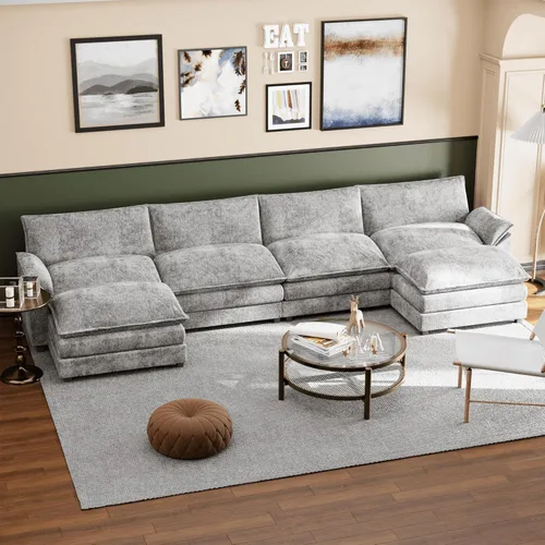 Miniatura 10 de Shahoo Sofá modular modular en forma de L de tela de felpilla con esponjas suaves y de alto apoyo y otomana extraíble, cómodo mueble tapizado