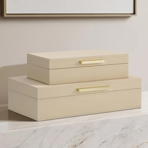 Miniatura 5 de ZICOTO Moderno juego de 2 cajas de almacenamiento decorativas con asas de metal negro, caja organizadora de joyas de piel sintética, caja