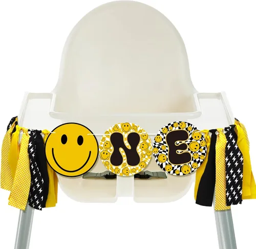 Therwen Cartel para silla alta de One Happy Dude - Cartel de primer cumpleaños con cara de sonrisa y rayo, suministros de fiesta hippie para niños,