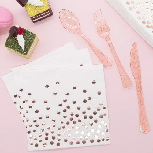 Miniatura 4 de Suministros de fiesta blanco y oro rosa – Juego de vajilla desechable de 350 piezas con platos de papel, servilletas, vasos, tenedores de plástico