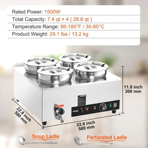 Miniatura 7 de VEVOR Calentador de Sopa Eléctrico, Cuatro Ollas Redondas de Acero Inoxidable de 7.4QT con Temperatura Ajustable de 86~185°F, Bain Marie Comercial