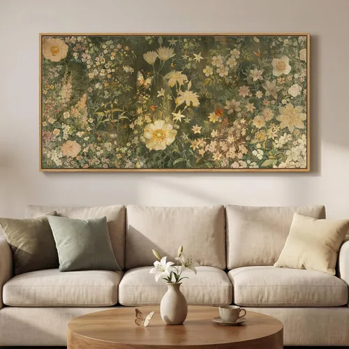 Miniatura 23 de Arte de pared botánico vintage con marco grande para sala de estar, impresiones de pintura en lienzo floral rústico neutro, cuadro retro de flores