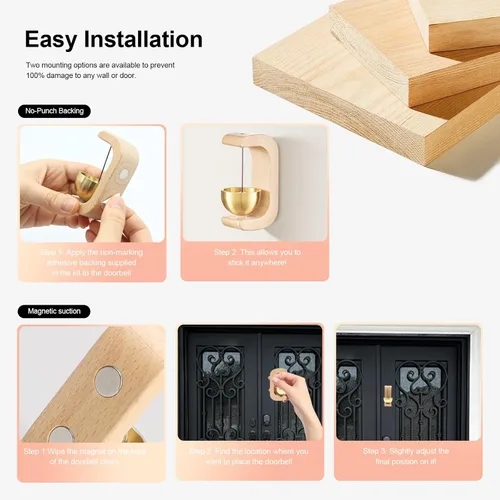 Miniatura 5 de Timbre de puerta magnético de 2 unidades - Campanas de viento de madera para apertura de puerta, alerta de entrada adhesiva inalámbrica con timbre