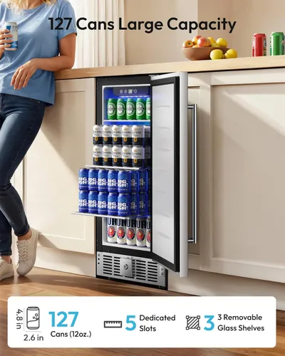 Miniatura 2 de EUHOMY Refrigerador de bebidas de 15 pulgadas, refrigerador de bebidas para 127 latas con puerta de acero inoxidable, enfriador de bebidas