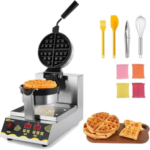 Dyna-Living Máquina de gofres belga comercial inteligente redonda giratoria 180° antiadherente Flip Waffle Iron Machine profesional comercial