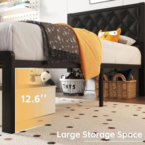 Miniatura 5 de Fluest Base de cama individual con cabecero, tapizada en cuero PU, marco de plataforma con soporte de listones metálicos, con espacio de Negro