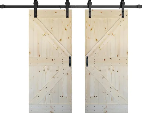 Miniatura 18 de Serie K de 60 x 84 pulgadas (30 x 84 pulgadas x 2 paneles) Puerta corredera clásica de madera maciza con acabado de nogal con riel de herrajes