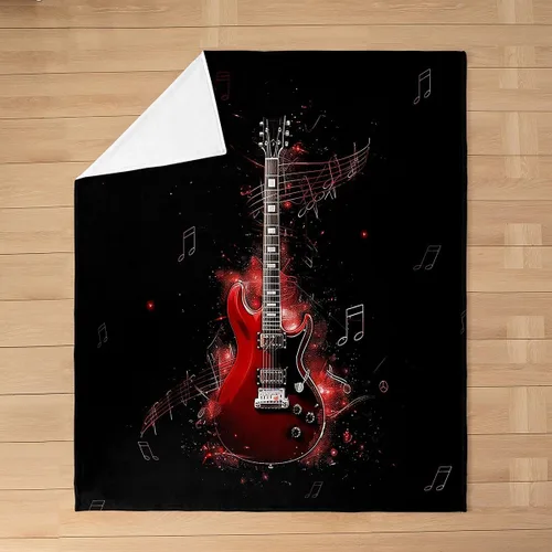 Red Guitar Flannel Fuzzy Blanket,Hip Pop Music Fleece Throw Blanket Kids Girls Boys Home Room Decor,Red Fire Fashion Guitar Bed Blanket,Musical Note
