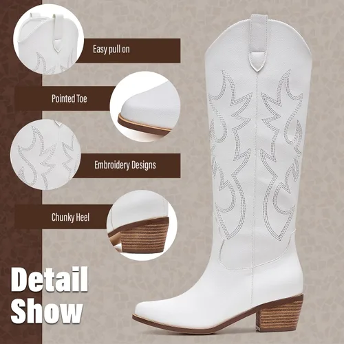 Miniatura 3 de Eteridrey Botas vaqueras bordadas para mujer, botas vaqueras occidentales con punta puntiaguda, tacón alto y grueso, botas altas hasta la rodilla