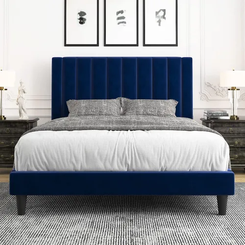 Miniatura 18 de Allewie - Base de cama tamaño King con cabecera acolchada tapizada en terciopelo y diseño acanalado vertical; plataforma de cama con resistentes