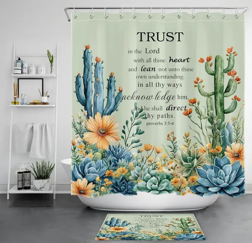 Miniatura 20 de LB Get Naked - Cortina de ducha de cactus con citas divertidas, plantas tropicales, suculentas, verdes, acuarela, cactus y flores, cortinas de ducha