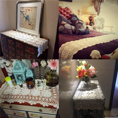 Miniatura 2 de Damanni Camino de mesa rectangular de algodón hecho a mano con encaje de ganchillo, tapetes decorativos para mesa y tocador, 16 pulgadas por 27 Beige