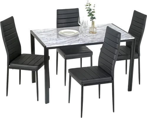 Miniatura 8 de Juego de mesa y sillas de comedor PayLessHere, moderna mesa rectangular de mármol con tapa y 4 sillas de cuero PU para comedor y cocina, mármol negro