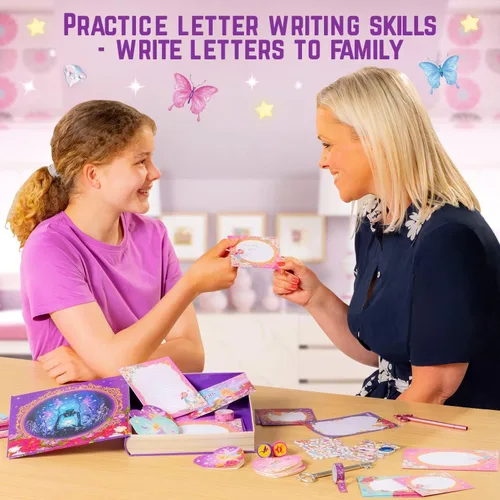 Miniatura 4 de GirlZone Princess Stationery Set - Juego de 45 piezas para escribir letras de cuento de hadas, papel multicolor con letras de hadas y sobres, sellos