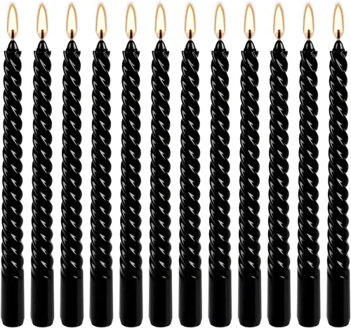 WPONSZU Juego de velas cónicas en espiral negras de 10 pulgadas, paquete de 12 velas sin perfume sin goteo para Halloween, cena, fiesta, cumpleaños,