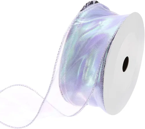 Miniatura 47 de MECCANIXITY - Cinta de organza con cable de 1 1/2" de ancho, brillante, transparente, con brillo irisado en tonos pastel, cinta de gasa para Beige