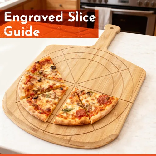 Miniatura 5 de Pizarra de madera de 12 pulgadas con tamaños grabados, tabla de cortar de pizza de bambú multiusos, cáscara de pizza de madera, espátula de pizza