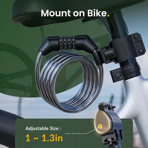Miniatura 7 de Titanker Cable de bloqueo de bicicleta, bloqueo de cable de bicicleta de 4 pies, bloqueo de bicicleta autoenrollable básico para niños, combinación