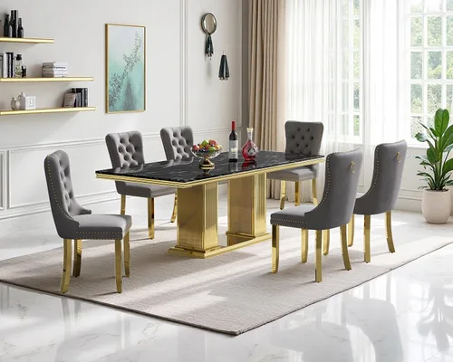 Miniatura 47 de Henf Juego de mesa de comedor de mármol sintético de 68 pulgadas para 6, juego de mesa de comedor de 7 piezas con 6 sillas copetudas de terciopelo
