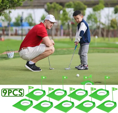 Miniatura 3 de Paquete de 9 tazas de golf con banderas, ayudas de entrenamiento de golf de plástico con recuperador de pelotas de golf, juego de agujeros de Verde