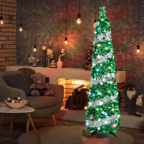 Miniatura 5 de Árboles de Navidad de 5 pies con 90 luces coloridas, árbol de Navidad plegable de lentejuelas artificiales, árbol de Navidad de oropel alto y Plata