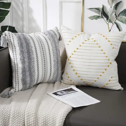 Miniatura 5 de PANOD Juego de 2 fundas de almohada decorativas bohemias de 18 x 18 pulgadas, diseño moderno gris y amarillo, fundas de cojín para sofá, cama