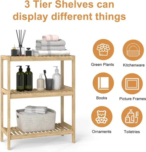Miniatura 4 de kinbor Estante de bambú multifuncional para baño, cocina, sala de estar, soporte para plantas y flores, estante de almacenamiento (3 niveles)