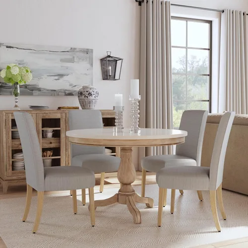 Miniatura 158 de Homepop Silla de comedor con detalles festoneados, sillas de comedor Parsons tapizadas, muebles decorativos para el hogar, tejido gris claro