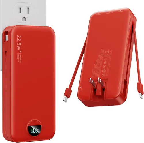 Miniatura 15 de Cargador portátil, 20000 mAh 22.5 W, cargador de energía de carga rápida con cables integrados y enchufe de pared, batería externa USB C con Púrpura