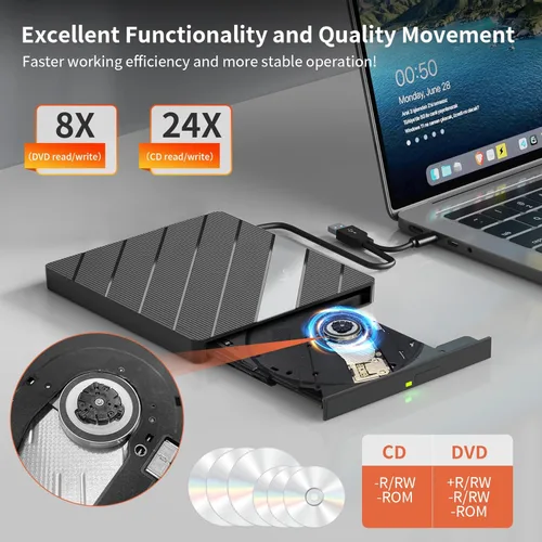 Miniatura 4 de Alxum Unidad externa de CD y DVD para portátil, 8 en 1, grabadora regrabadora de CD y DVD portátil con múltiples puertos, compatible con velocidad