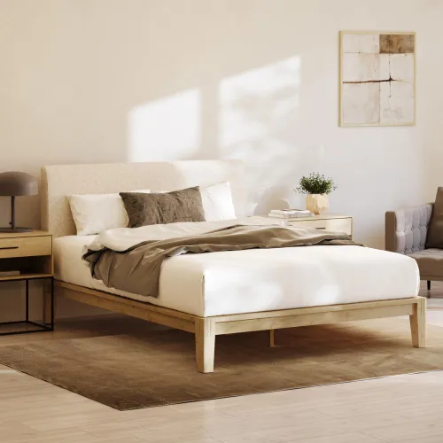 Nectar Base de cama de plataforma de bambú y cabecera tapizada, tamaño Queen, color natural/lino, patas de soporte central flotantes, altura de 12