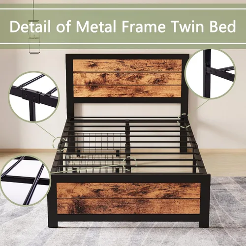 Miniatura 6 de DHMAKER Base de cama individual de plataforma con almacenamiento, marco de cama de metal con cabecero, soporte de listones de acero fuerte, marco