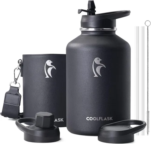 Miniatura 9 de Coolflask Botella de agua de 64 onzas aislada con funda de cuero PU, botella de agua de medio galón con contraste de color y tapa con popote, jarra