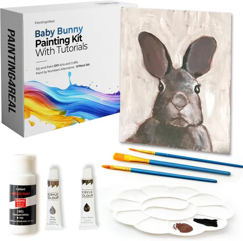 Kit de pintura artística para adultos con tutoriales en video - Aprende a pintar Baby Bunny - Juego de pintura acrílica de 9 piezas y suministros de