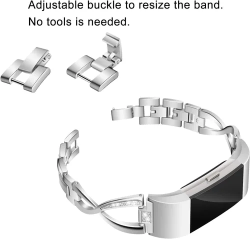 Miniatura 3 de Bandas compatibles con Fitbit Charge 2, bandas de metal con diamantes de imitación brillantes de repuesto para mujer, plata, oro rosa, negro plateado