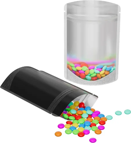 100 bolsas de sellado con cremallera resellables de papel metálico de color transparente esmerilado para ventana (negro, soporte | 2 onzas)