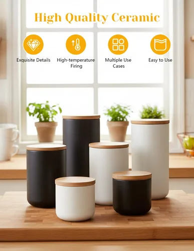 Miniatura 5 de Envase de cerámica para almacenamiento de alimentos con tapa hermética de bambú, envase de cocina de estilo simple para almacenamiento de alimentos