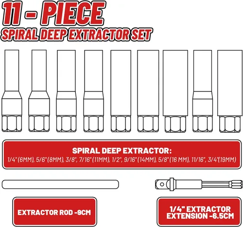 Miniatura 5 de Juego de 11 extractores de pernos profundos en espiral, juego de extractor de tuercas de oreja, extractor de tuercas de llanta para pernos