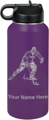 Miniatura 41 de LaserGram Botella de agua personalizada, jugador de hockey, acero inoxidable de doble pared aislada al vacío con popote superior, regalo grabado