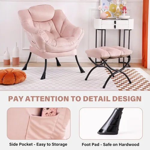 Miniatura 5 de Tiita - Sillón reclinable con otomana, grande, moderno, sofá de ocio, de lectura, con reposapiés, para dormitorio, sala de estar, dormitorios, Rosa