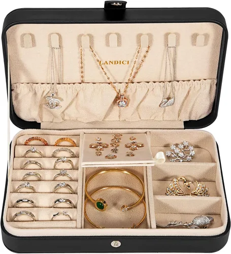 Miniatura 2 de LANDICI - Caja de joyería pequeña para mujeres y niñas, estuche organizador de joyería de viaje de cuero PU, soporte portátil para almacenamiento