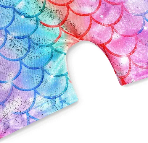 Miniatura 140 de HOZIY - Leotardos de gimnasia con pantalones cortos brillantes para niñas pequeñas; estampados de unicornio, aurora, arco iris, sirena, dinosaurio